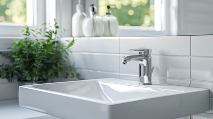 Sanitary sink with chrome tap against bathroom window backdrop