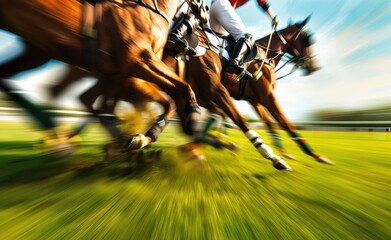 Close up of horse polo players in action, high speed photography, green grass field background, motion blur