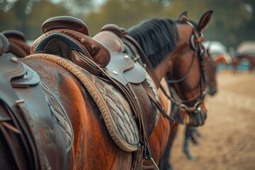 Obraz premium Horse saddle in ancient style, closeup of brown royal saddle