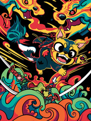 Obraz premium A colorful storybook cover for kids of an anthropomorphic excited ninja and dog