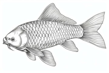 Obraz premium Highly detailed black and white fish sketch illustration with intricate texture, shading, and artistic handdrawn craftsmanship, showcasing the aquatic life and anatomy of freshwater marine biology