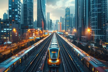 Fototapeta premium Modern train navigating through futuristic cityscape at dusk