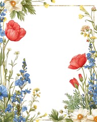 Beautiful floral frame featuring vibrant red and blue flowers, perfect for invitations, cards, or decorative purposes.
