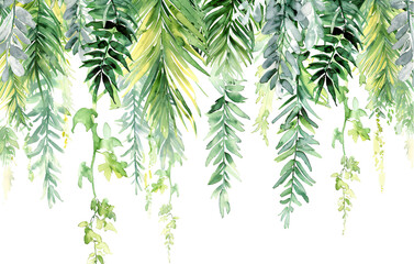 Fototapeta premium Watercolor illustration background with tropical palm leaves. 