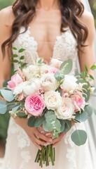 Naklejka premium Elegant Bride Holding Lush Bouquet of Pink and White Roses, Peonies, and Eucalyptus - Wedding Design