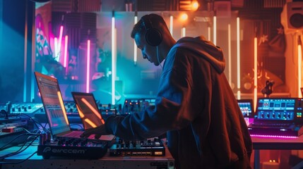 Obraz premium DJ in Studio Mixing Electronic Music with Laptop and Console in Colorful LED Lit Room - Perfect for Music Posters
