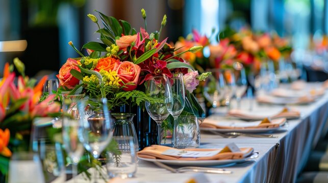 Elegant Corporate Event with Sophisticated Floral Table Decorations for Enhanced Ambiance