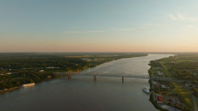 Drone Video of Mississippi River in Natchez, Mississippi at Sunset