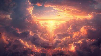 Fototapeta premium A majestic staircase ascending through fluffy clouds towards a radiant golden light