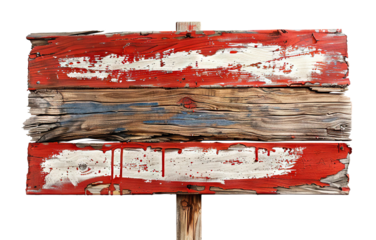 Weathered red and white wooden sign, cut out