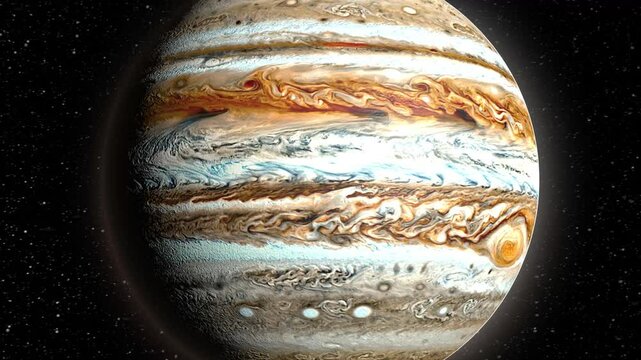 3d rendering of an animation of a flyby around the rotating planet Jupiter on its axis opposite the Sun in high resolution