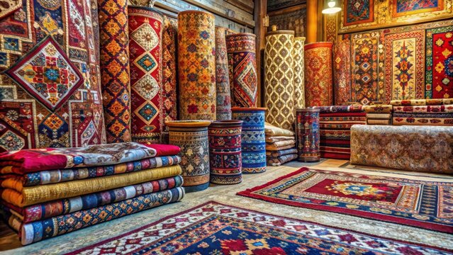 A Tapestry of Tradition Persian Rugs in a Shop, stacked, patterns, colorful, design , rug shop , oriental rug