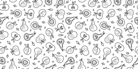 Seamless pattern. Abstract fruits. Outline drawing, doodles. Icons of juicy fruits whole and slices. Vector background, wallpaper decor.