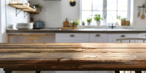 Empty wooden dining table with plenty of copy space, with a blurred kitchen scene in the background