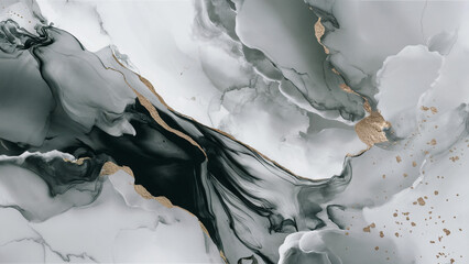 Naklejka premium A fluid art piece with swirling patterns of black, white, and gold. The black and white colors create a marble-like effect, while the gold specks and streaks add a touch of luxury. 