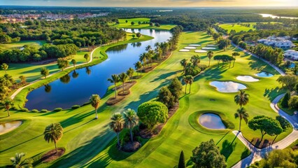 Aerial View of a Golf Course with Winding Water Features, Lush Greens, and Palm Trees, golf course , aerial view , golf , palm trees
