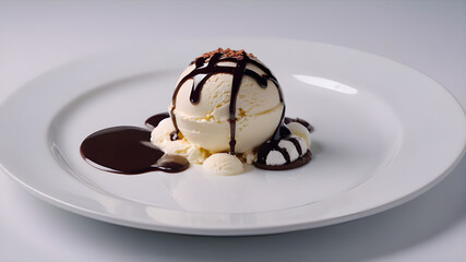 A scoop of vanilla ice cream with chocolate cause on it