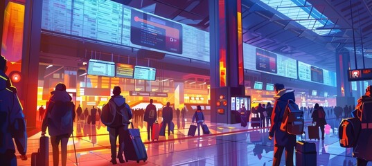 Fototapeta premium Busy Train Station During Rush Hour with Modern Architecture and Bright Lights