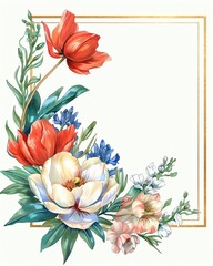 Elegant floral arrangement featuring colorful blossoms in a decorative frame, perfect for invitations or art prints.