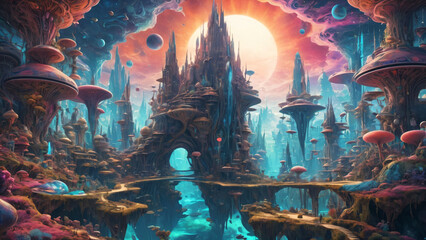 Surreal Abstract and Otherworldly Imagery, Psychedelic and Retro-futurism. AI generative. 