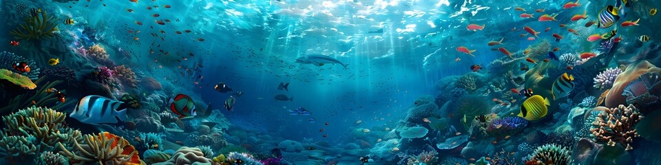 Fototapeta premium Underwater scene of a coral reef with schools of colorful fish swimming through the crystal-clear sea