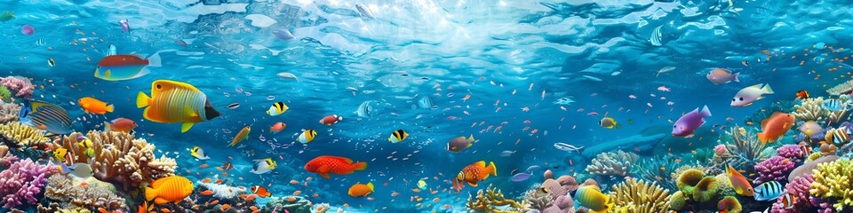 Underwater scene of a coral reef with schools of colorful fish swimming through the crystal-clear sea