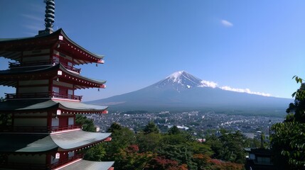Mount Fuji seen from behind the Chureito Pagoda