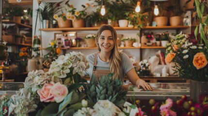 Flower Shop Clerk with Beautiful Floral Arrangements and Plants in a Well-Lit Store