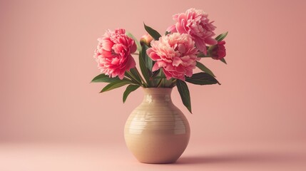 Fototapeta premium Ceramic vase with peonies. Perfect for catalogs or online shops. Fresh bouquet delivery. Floral shop idea. Blank space for text.
