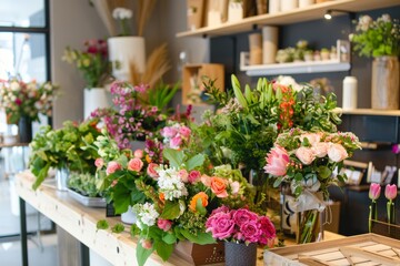 Fototapeta premium DIY Bouquet Station in a Vibrant Flower Shop for Creative Floral Arrangements and Gifts