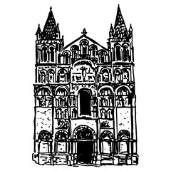 Fototapeta premium Façade of Angoulême Cathedral in Charente, France. Roman Catholic Church. Romanesque architecture. Hand drawn linear doodle rough sketch. Black and white silhouette.