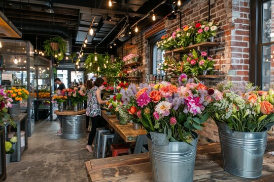 Rustic Flower Shop Interior with Exposed Brick Walls and Fresh Flower Arrangements