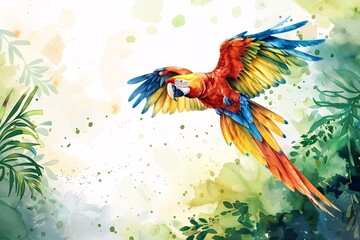 Obraz premium Watercolor macaw image of a colorful bird floating in a tropical rainforest on a white background.