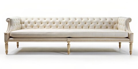 Elegant White Sofa with Button Tufted Back and Gilded Trim, sofa, tufted , white, upholstery