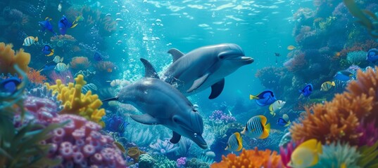Fototapeta premium Vibrant Underwater Scene with Dolphins and Tropical Fish in a Colorful Coral Reef