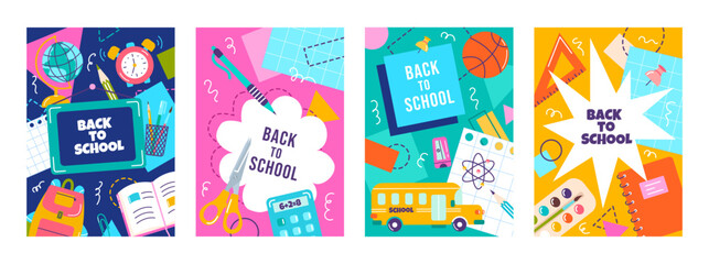 Vector posters set in modern style with geometric shapes, design elements on school themes. Back to school, education concept