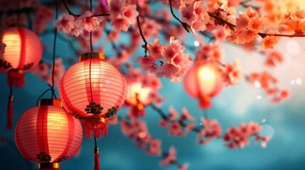 Fototapeta premium Chinese new year celebration scene in anime style, A midautumn festival celebration with lanterns
