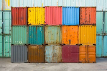 Fototapeta premium Vibrant multicolored stacked shipping containers in an industrial port yard