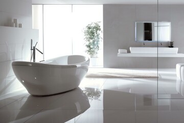 Luxurious modern minimalist bathroom interiors with sleek and stylish freestanding bathtub for a contemporary. Elegant. And serene home decor improvement featuring clean lines. White tiled floors