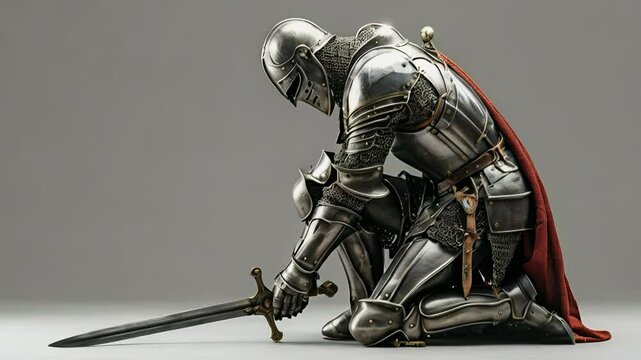 Noble knight kneels in solemn reflection, clad in ornate armor with a sword and shield. This powerful imagery captures the essence of honor, strength, and medieval chivalry.