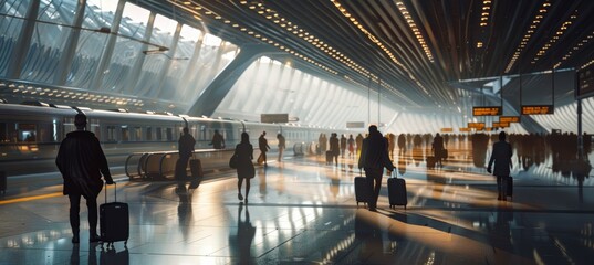 Modern Train Station at Dawn with Travelers and Stylish Luggage Under Soft Morning Light