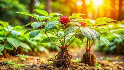 Ginseng Plant with Red Berries in Sunlight, Ginseng, Herbal, Medicine, Plant