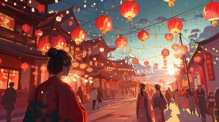 Obraz premium Chinese new year celebration scene in anime style, A midautumn festival celebration with lanterns