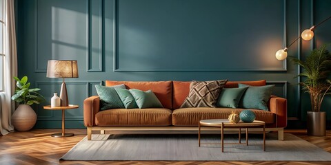 Empty dark teal wall mockup in a room with a sofa, with dark lighting.