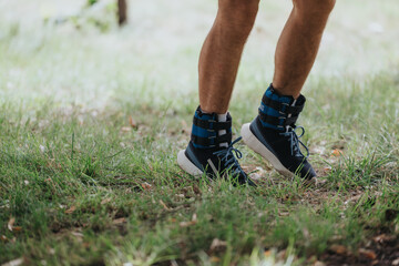 Close-up shot of an athlete's legs in weight training shoes standing on a grassy field, promoting strength and fitness.