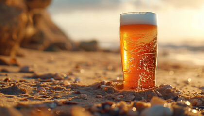 Ice Cold Pint of Larger on a Sandy Beach in the Summer Sun 