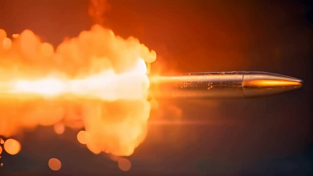 Bullet in fire with flames on dark background. Danger and violence, war and heat destruction, weapon damage and military, explosion and conflict force, impact.