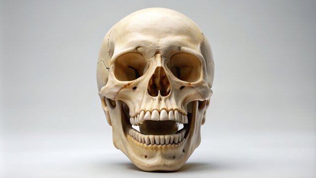 Human Skull with Open Mouth, Close-up, Front View, White Background, Anatomy, Skeleton, Human Remains