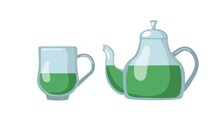 Glass teapot and cup of green tea. Tea drinking and tea time. Hot healthy drink. Illustration of flat tea time icons for cafe and restaurant menu design, isolated background.
Kitchenware.