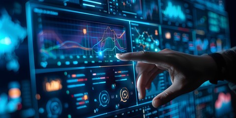 Fototapeta premium Technological hand accessing digital graphs for statistical analysis